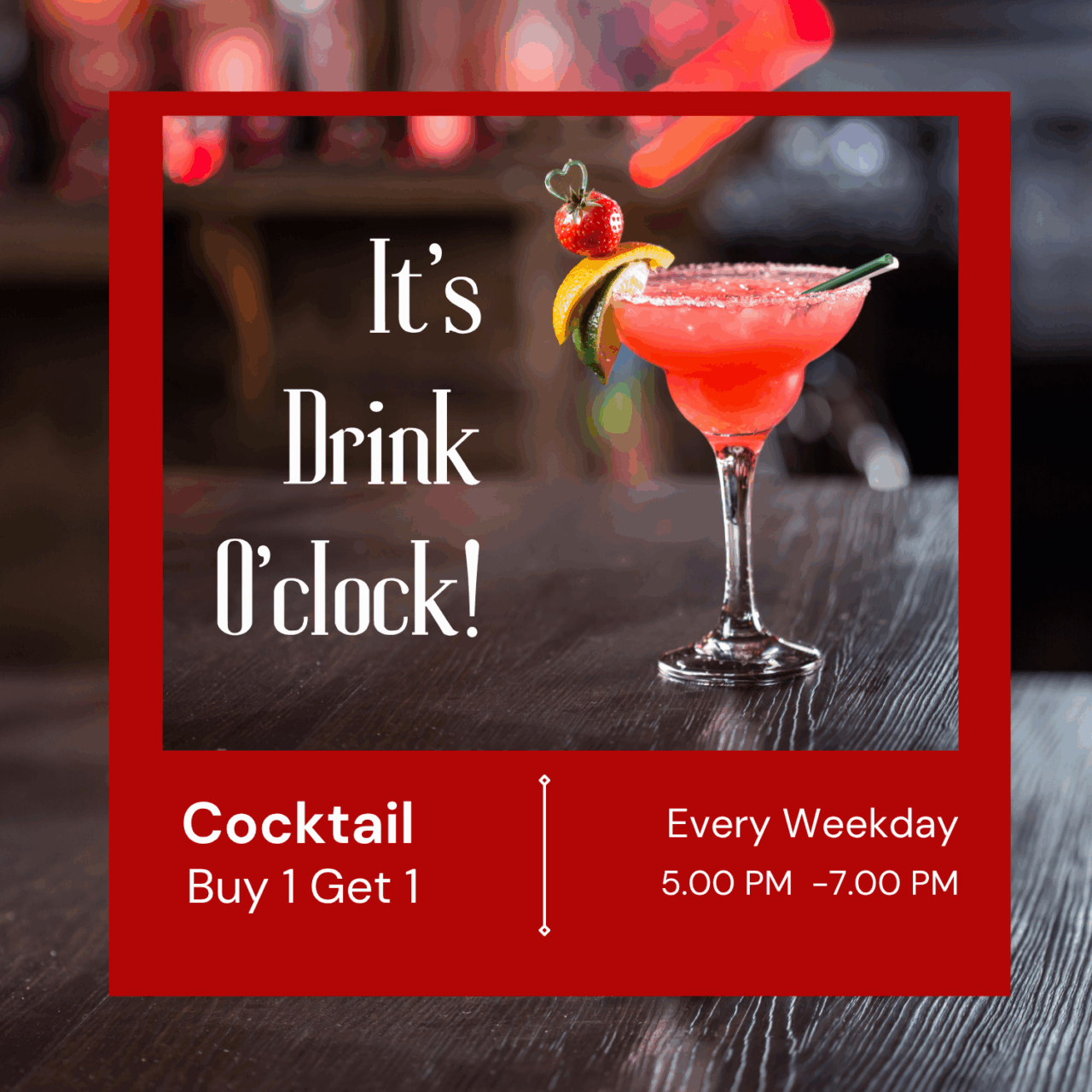 A bright red cocktail garnished with citrus and strawberry, served at Argenti Restaurant in Nairobi during weekday happy hour specials.