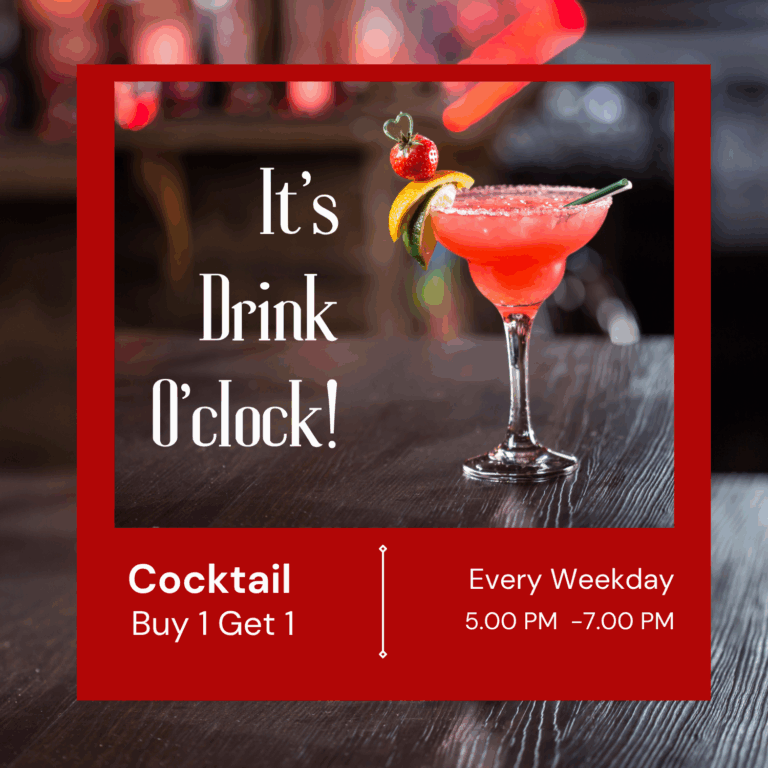 A bright red cocktail garnished with citrus and strawberry, served at Argenti Restaurant in Nairobi during weekday happy hour specials.