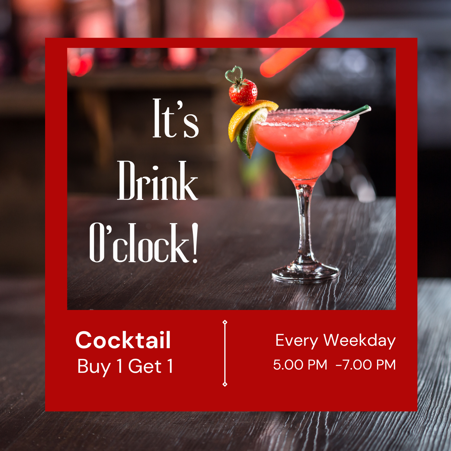 A bright red cocktail garnished with citrus and strawberry, served at Argenti Restaurant in Nairobi during weekday happy hour specials.